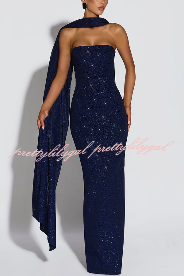 Pandra Glittery Crepe Fabric Off Shoulder Ruched Slit Cape Maxi Dress