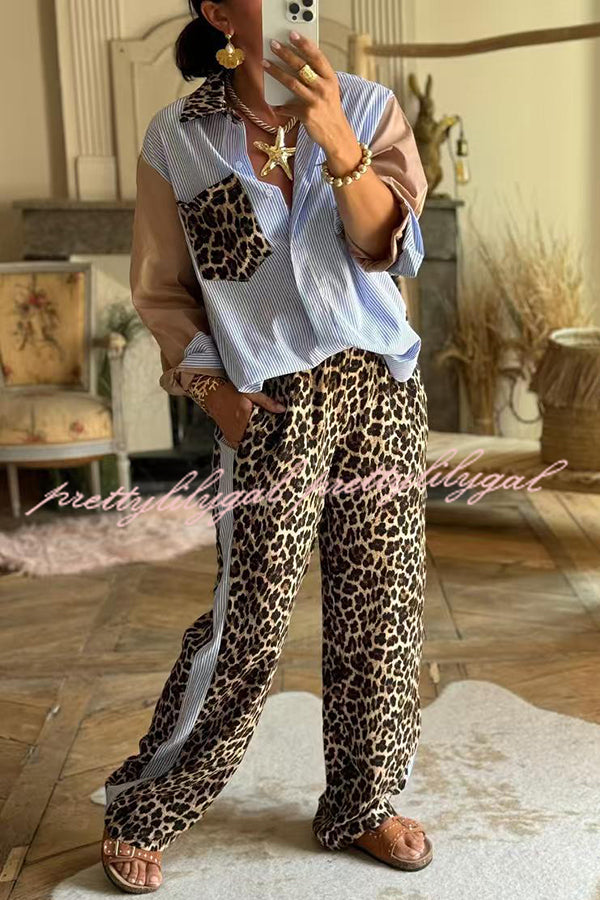 Leopard Print Patchwork Long-sleeved Loose Shirt and Elastic Waist Casual Pocket Wide-leg Pants Set