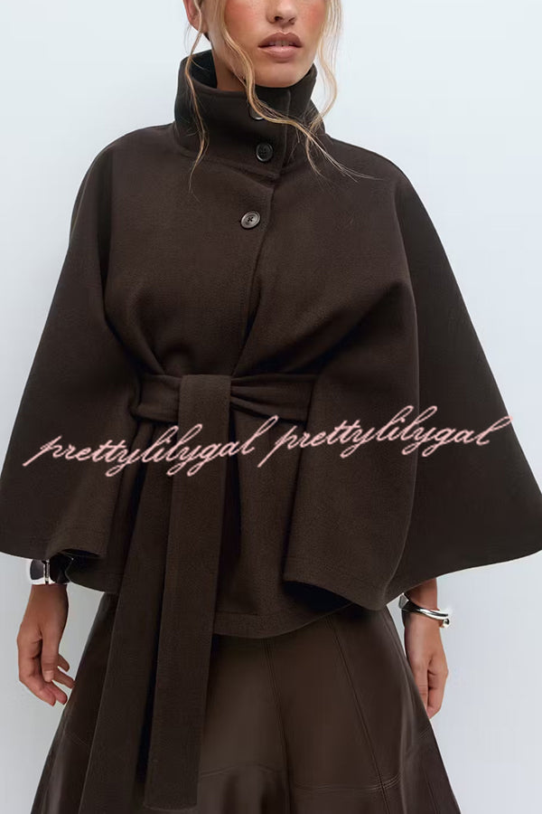 Fashionable Stand Collar Button Waist Tie Loose Cape