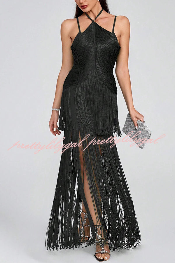 Sexy Halterneck Open Back Elegant Tassel Slim Maxi Dress