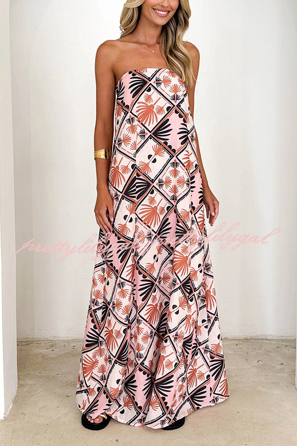 Unique Printed Sexy Strapless Backless Holiday Casual Maxi Dress