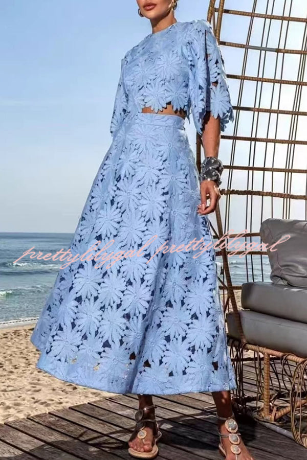 Elegant Embroidered Hollow Flowers Bell Sleeve Top and Full Hem Maxi Skirt Set
