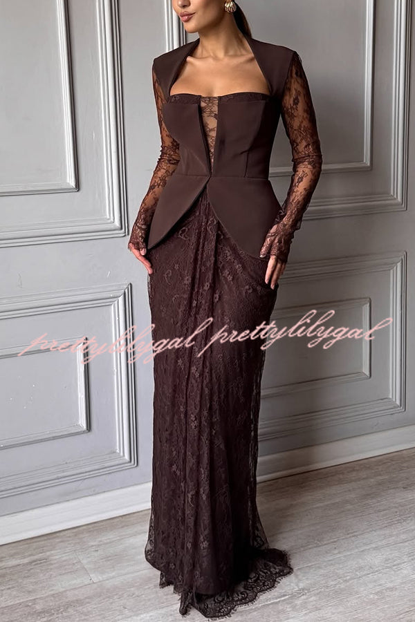 Belle Contrast Sheer Lace Fabric Patchwork Square Neck Long Sleeve Drape Maxi Dress
