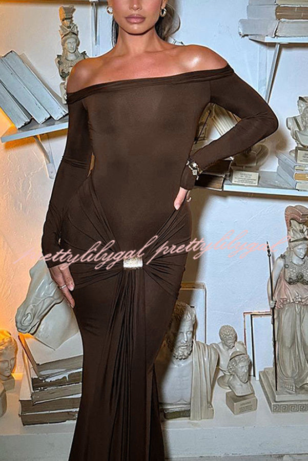 Naia Off Shoulder Long Sleeve Metal Buckle Adjustment Drape Stretch Maxi Dress