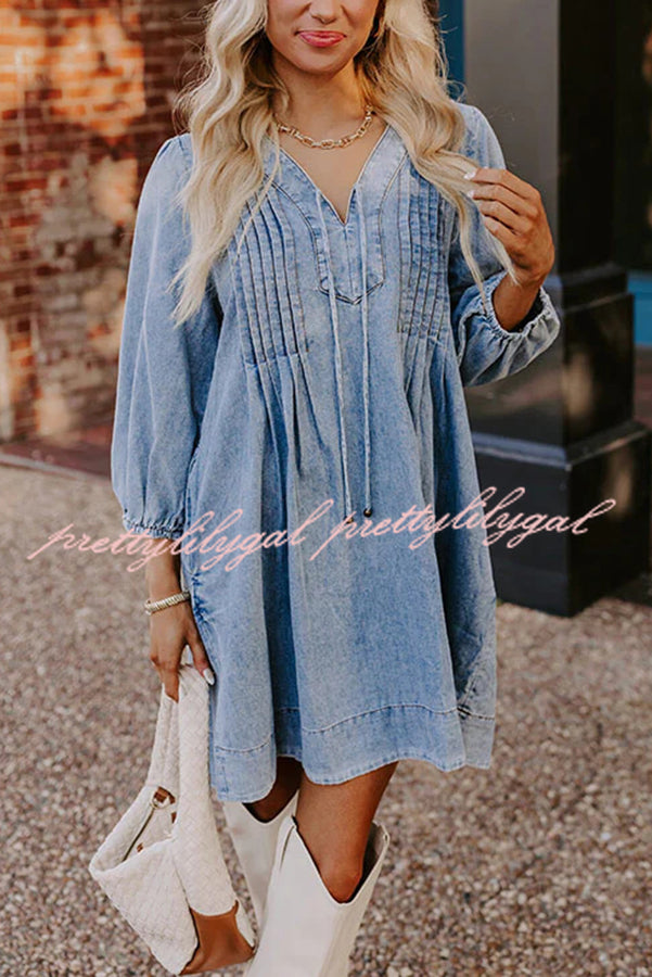 Fate Would Have It Denim Playful Pleats Pocket A-line Mini Dress