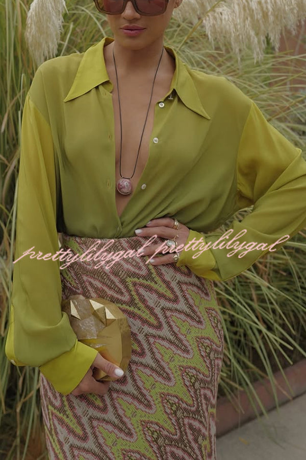 Moonlit Waltz Gradient Print Button Up Long Sleeve Loose Blouse
