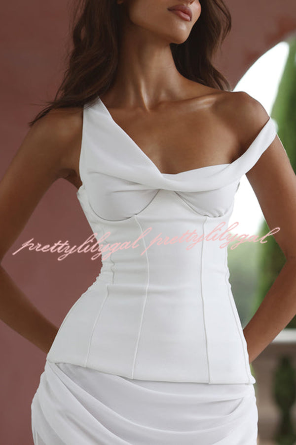Sculptural Elegance One Shoulder Removable Corset Drape Maxi Dress