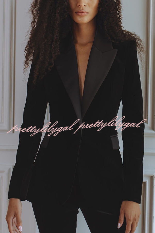 Delicate Daze Velvet Satin Lapel Button Up Long Sleeve Tapered Waist Blazer