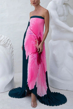 All about Her Pleated Floral Print Off Shoulder A-line Maxi Dress