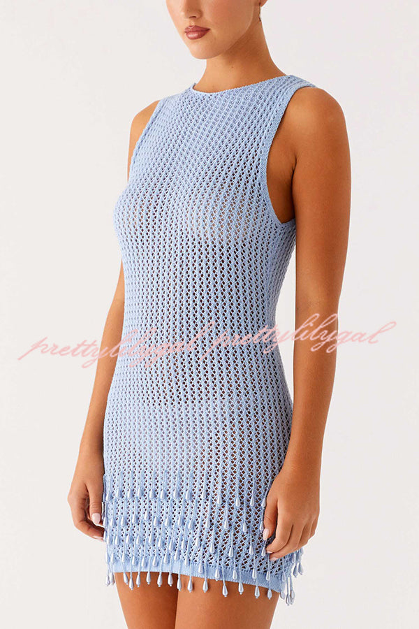 Fashion Knit Hollow Beaded Tassel Embellished Sleeveless Slim Mini Dress