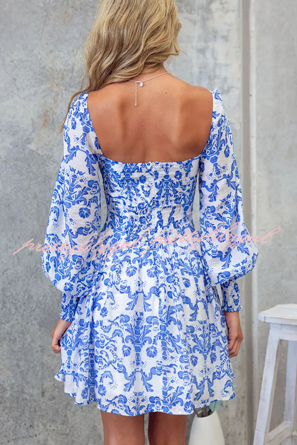 Formia Chiffon Unique Print Lantern Sleeve Back Smocked Mini Dress