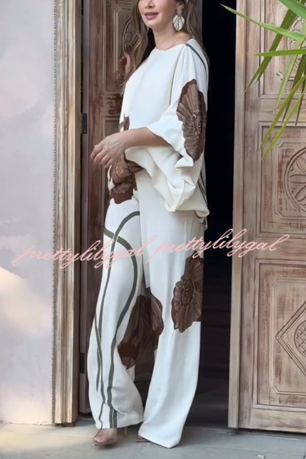 Floral Print Batwing Sleeves Loose-fitting Top and Relaxed Pocket Straight Pants Set