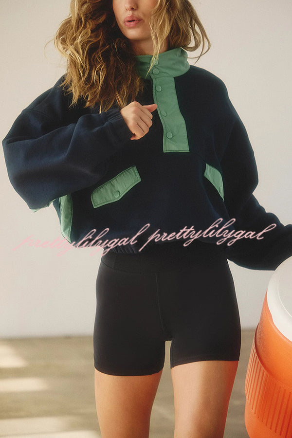 Fashion Contrast Color Stitching Stand Collar Long Sleeve Top and Elastic Waist Loose Pocket Shorts Set