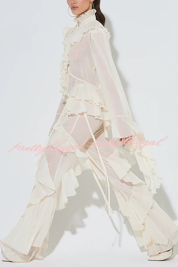 Fashionable Ruffled Elastic Waist Holiday Style Flared Pants