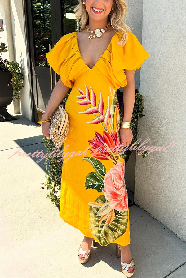 Plant Print V-neck Open Back Holiday Style Slit Midi Dress