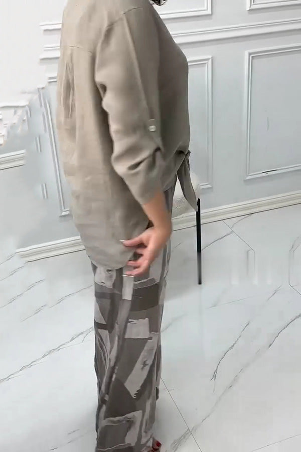 Fashion Lapel Long Sleeve Casual Shirt and Unique Print Elastic Waist Pocket Wide Leg Pants Set