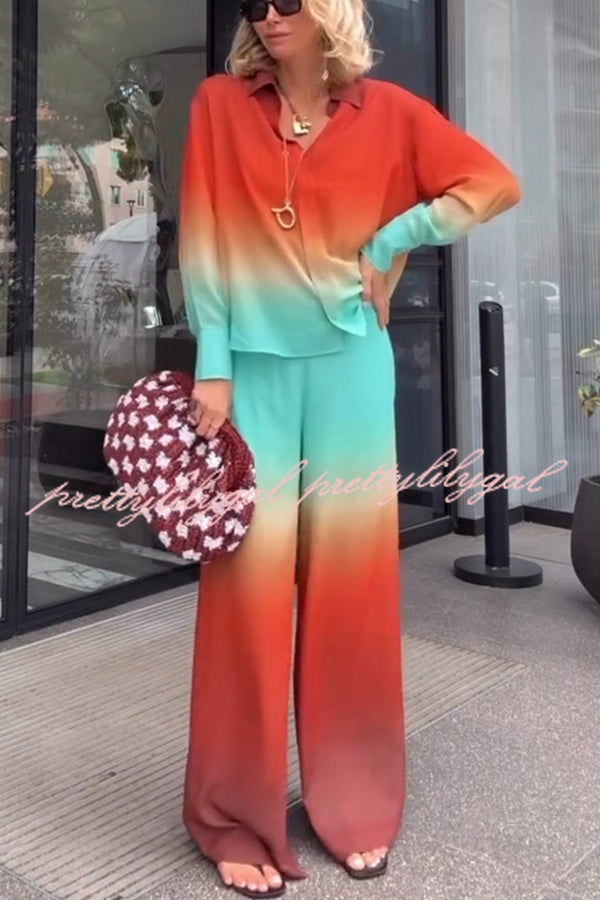 Neon Sunset Gradient Print Long Sleeve High Low Hem Blouse and Elastic Waist Loose Pants Set