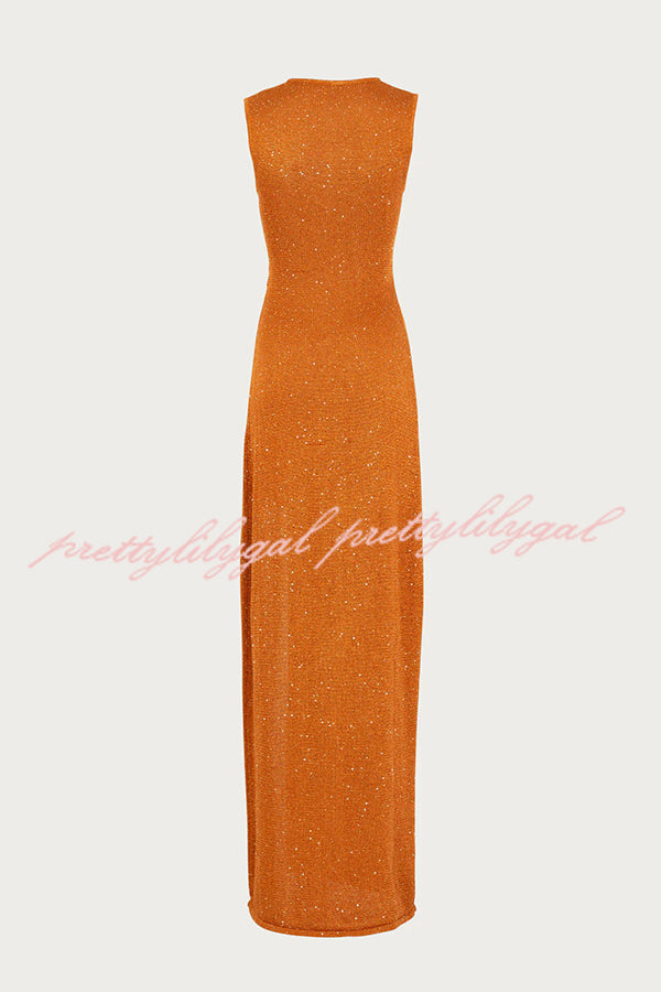 Beautiful Figure Shiny Knit Fabric Cutout Side Slit Stretch Vacation Maxi Dress