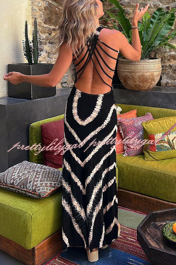 Summer of Fun Tie-dye Print Back Lace-up Stretch Maxi Dress