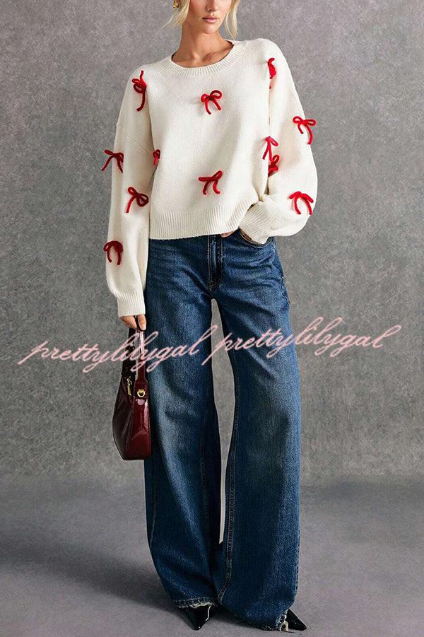 Christmas Bow Round Neck Loose Long Sleeve Knitted Sweater