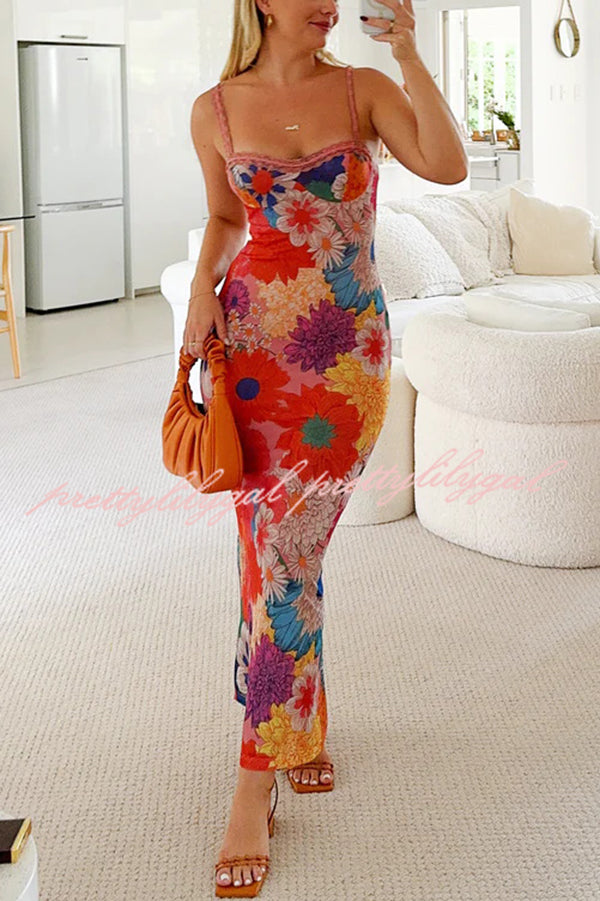 Floral Print Lace Trim Sexy Strapless Backless Slim Fit Maxi Dress