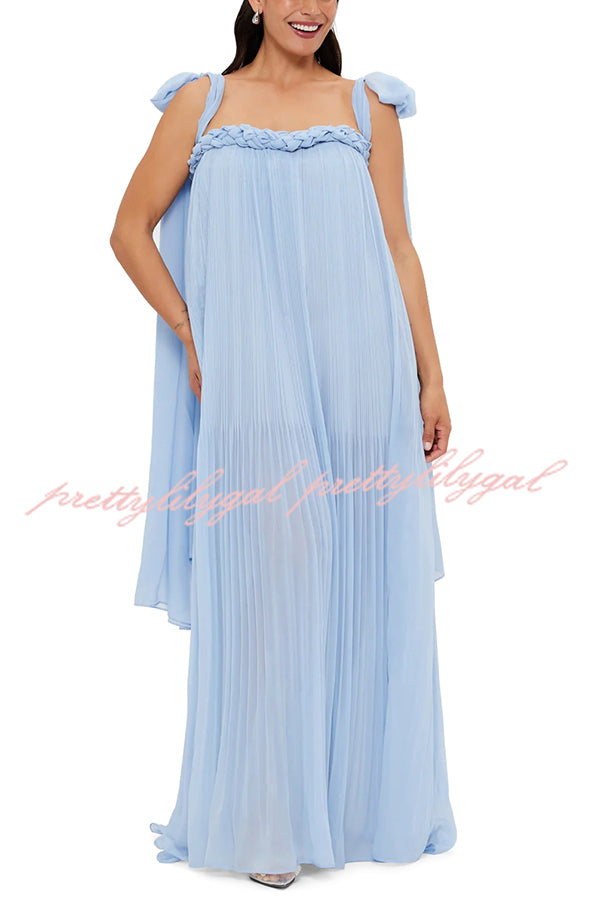 Fairy Spirit Tulle Braided Neckline Tie Arm Straps Pleated Maxi Dress