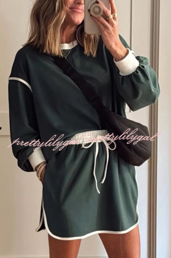 Fashion Round Neck Long Sleeve Spliced Casual Top and Elastic Waist Loose Shorts Set