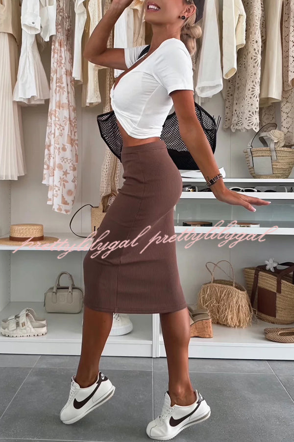 Perfect Basics Ribbed Knit Elastic Waistband Stretch Midi Skirt