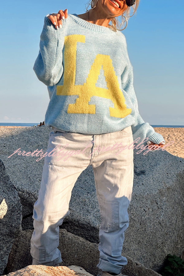Letter Pattern Crew Neck Long Sleeve Loose Knit Sweater