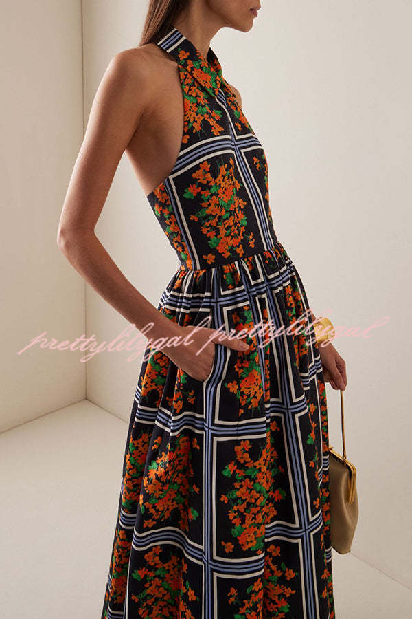 Floral Print Sexy Halter Neck Backless Elegant Maxi Dress