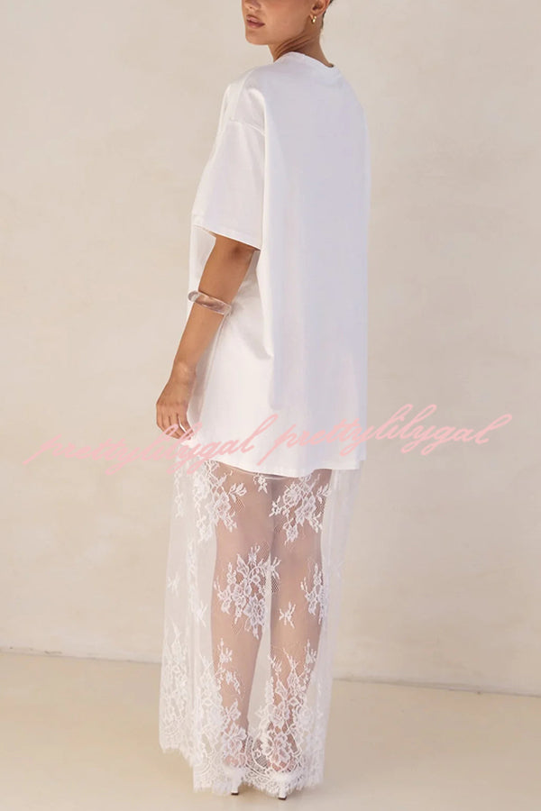 Ophelia Short Sleeve Sheer Floral Lace Hem Oversized T-shirt Maxi Dress