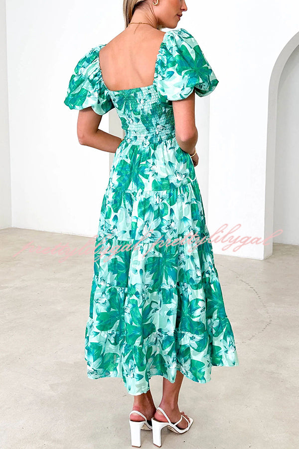 Petal Princess Unique Print Smocked Waist Puff Sleeve Midi Dress