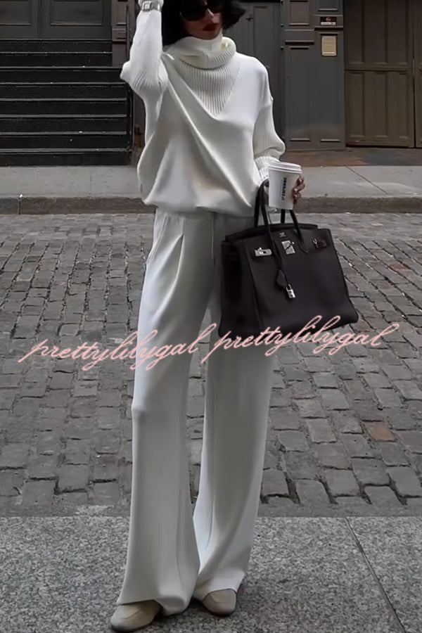 Morning Coffee Walks Ribbed Turtleneck Long Sleeve Sweatshirt and Elastic Waist Pocketed Loose Pants Set