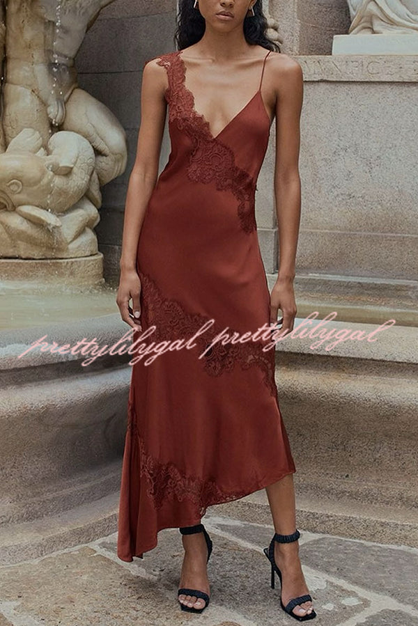 Sexy Lace Stitching Suspender V-neck Asymmetrical Maxi Dress