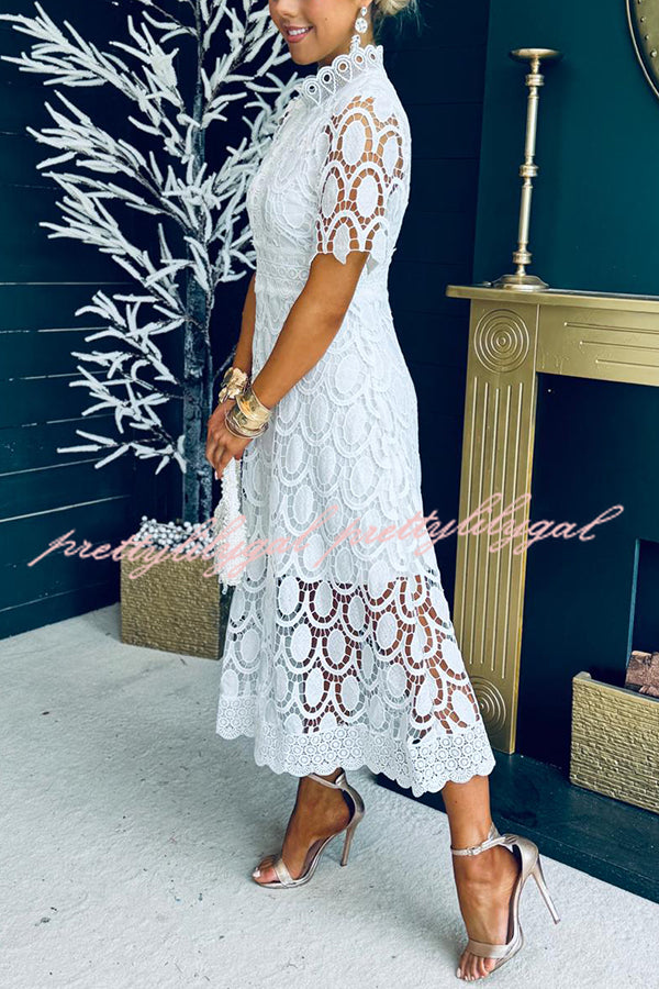 Elegant Crocheted Cutout Lace Short-sleeved Stand-collar Midi Dress