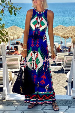Unique Printed Round Neck Sleeveless Holiday Maxi Dress