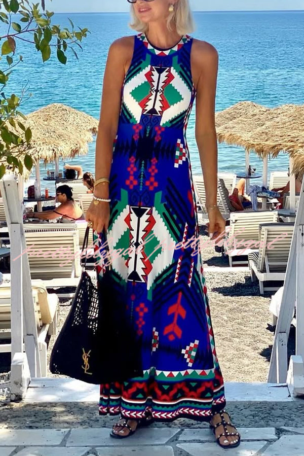 Unique Printed Round Neck Sleeveless Holiday Maxi Dress