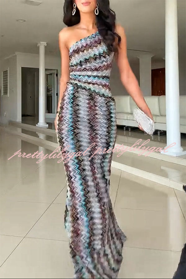 Cocktails and Vacation Knit Colorful Zigzag Pattern One Shoulder Slit Maxi Dress