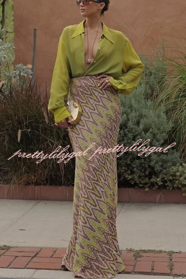 Moonlit Waltz Knit Jacquard Zigzag Print High Rise Stretch Flare Maxi Skirt