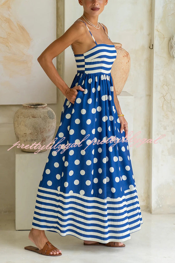 Striped Polka-dot Print Sling Pleated Open-back Maxi Dress