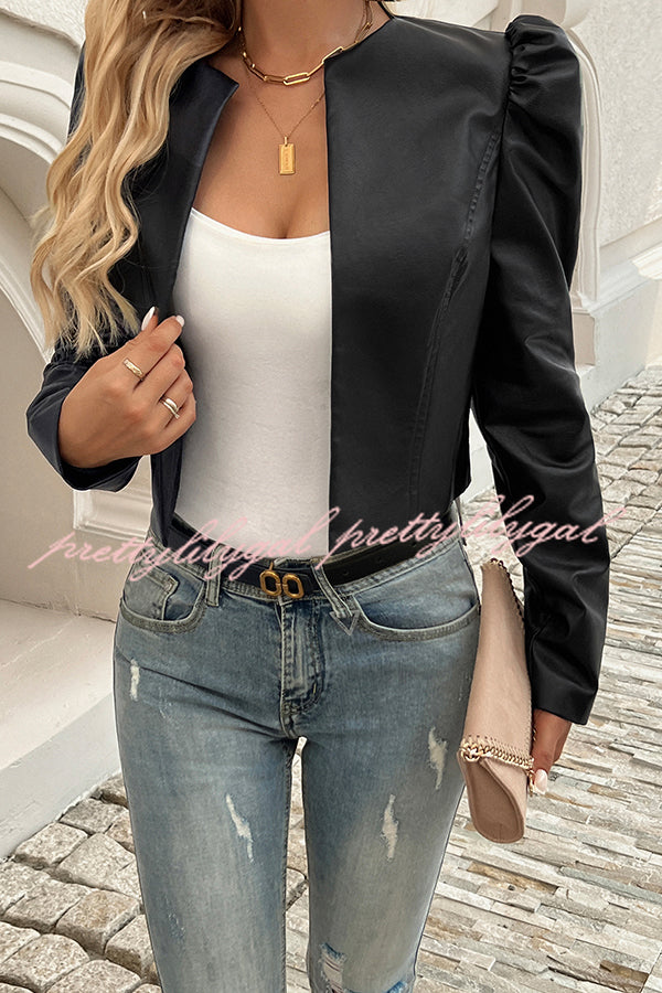 Yelissa Faux Leather Statement Long Sleeve Open Front Crop Jacket