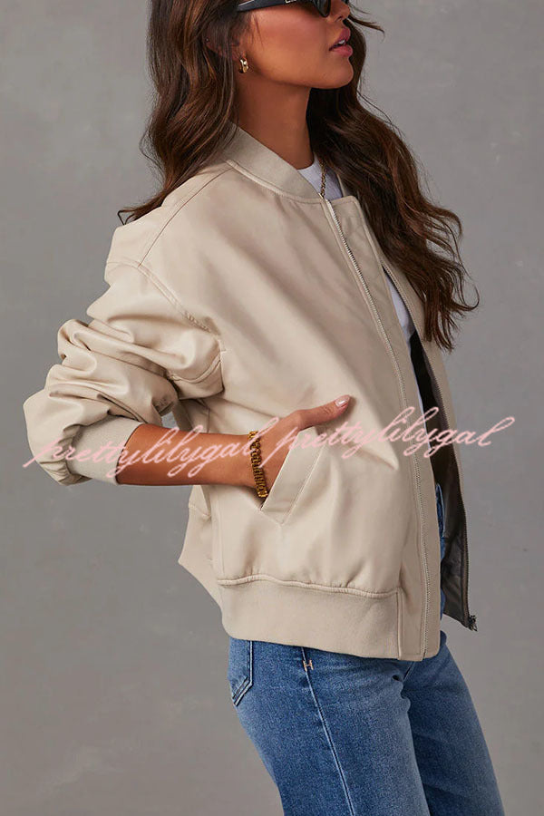 Solid Color Long Sleeve Loose Pocket Leather Jacket