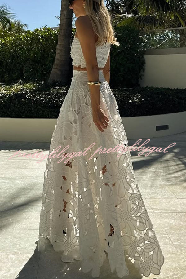 Next Trip Floral Embroidery Crochet Lace Crop Tank Top and Elastic Waist Pocket Maxi Skirt Set