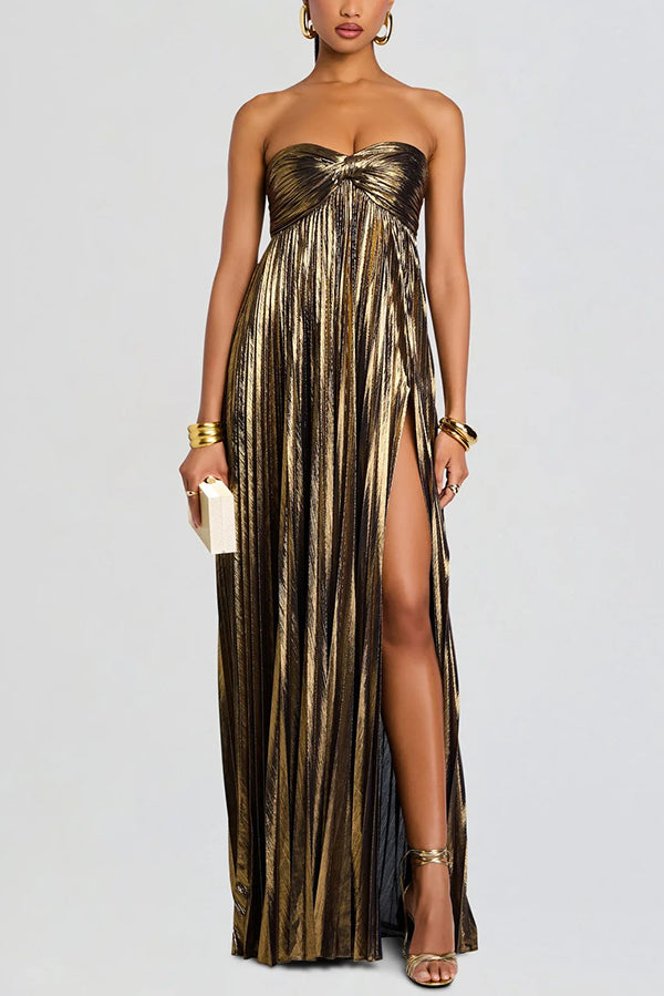Metallic Sexy Tube Top Pleated High Slit Maxi Dress Metallic Sexy Tube Top Pleated High Slit Maxi Dress