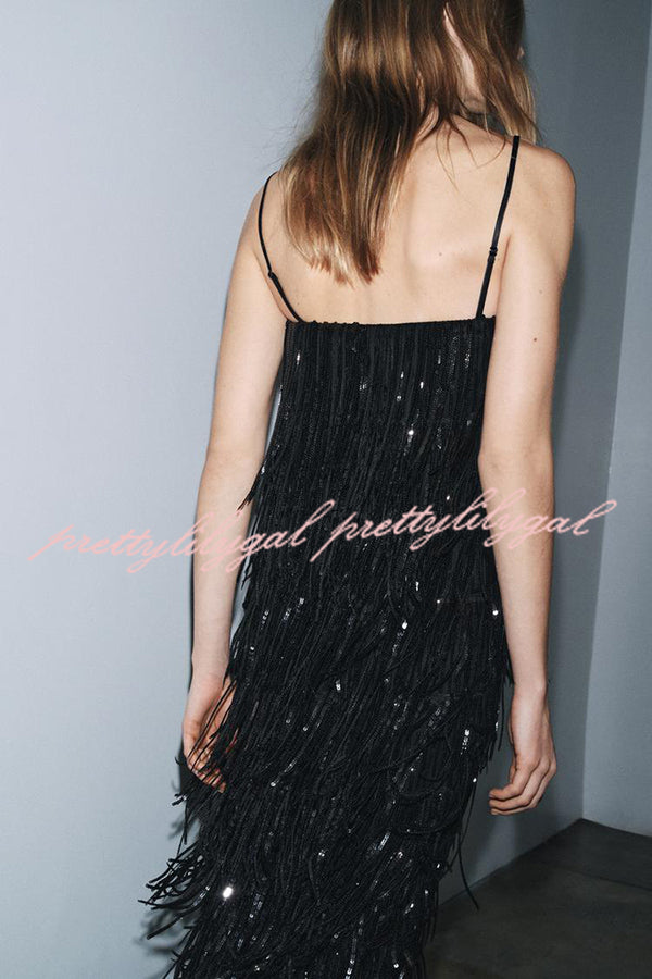 Chic Celebration Layered Sequined Tassels Slip Strapless H-line Midi Dress