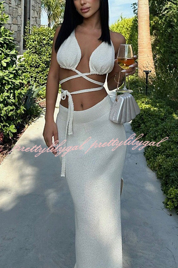 Solid Color Sexy Lace-up Swimsuit and Knitted Elastic Slit Beach Maxi Skirt Set