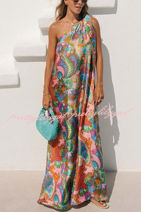 Rainbow Breeze Satin Unique Print Bow One Shoulder Loose Maxi Dress