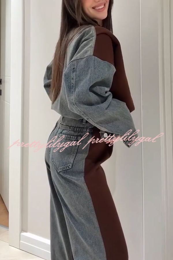 Sports Fashion Denim Patchwork Sweatshirt Fabric Zipper Long Sleeve Loose Jacket