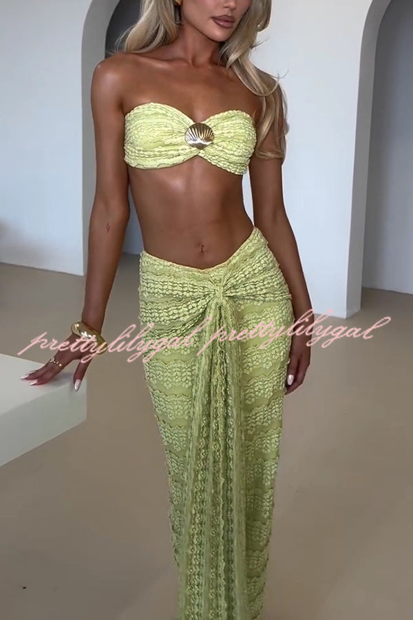 Fashion Metal Shell Embellished Sexy Bandeau and Elastic Tie Maxi Skirt Set
