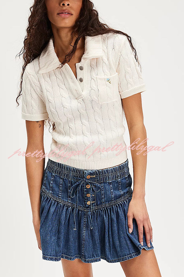 Solid Color Elastic Waist Button Tie Denim Mini Skirt